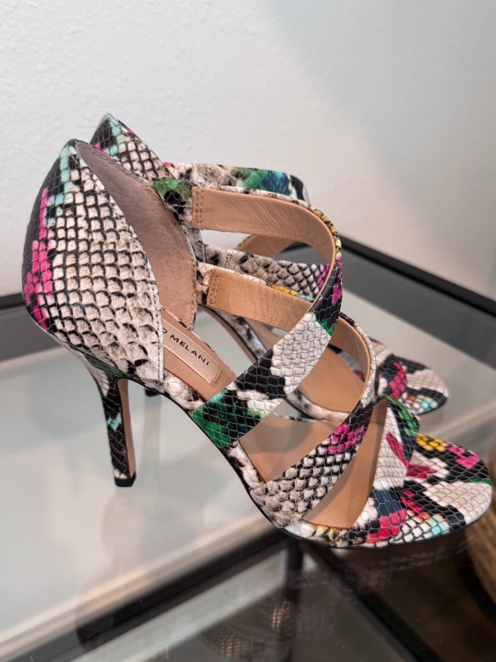 ANTONIO MELANI Women’s Leather Snake Print MultiColor Strappy Sandal Heels 6.5